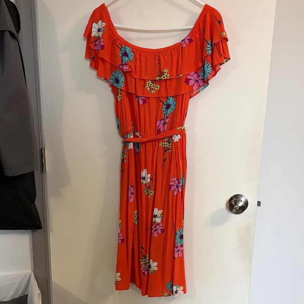 a.n.a Orange Floral Ruffle Midi Dress
